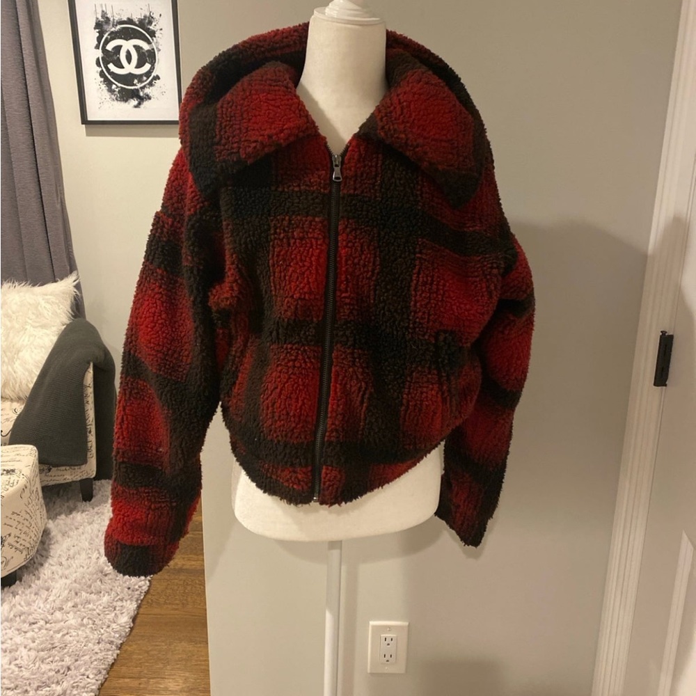 Super-down red and black plaid Sherpa jacket